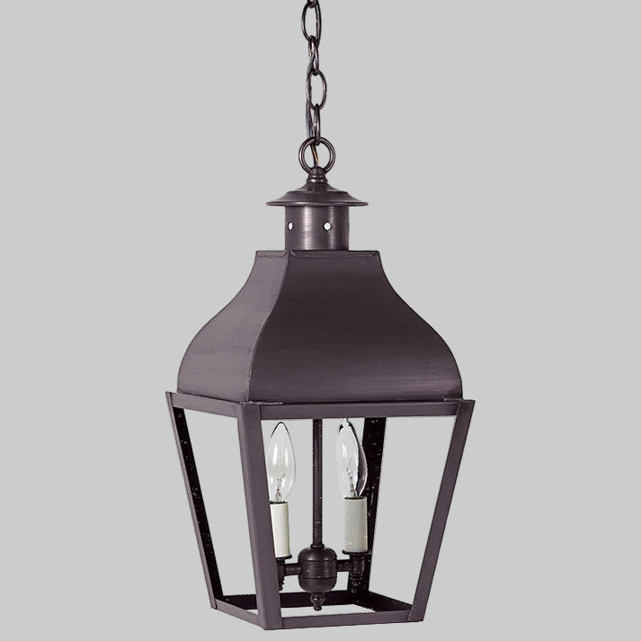 Dark bronze outdoor hanging lantern with clear glass on a white background