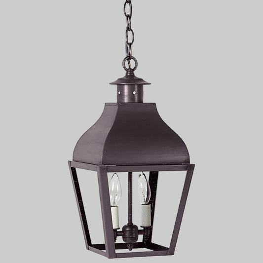 Dark bronze outdoor hanging lantern with clear glass on a white background