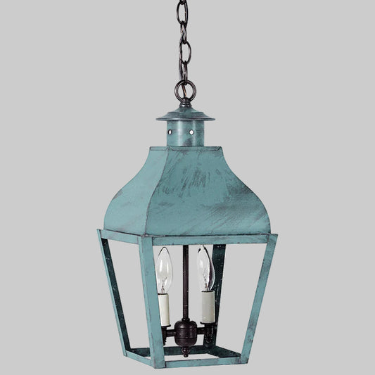 Teal hanging lantern with clear glass on a white background