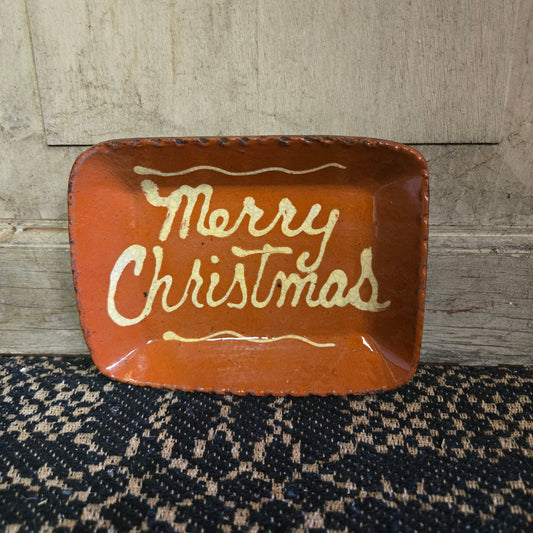 Small rectangular redware plate with the words 'Merry Christmas'