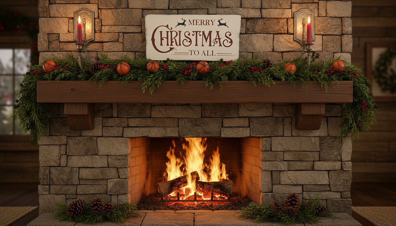 Stone fireplace with a lit fire, Christmas decorations, and a 'Merry Christmas to All' sign.