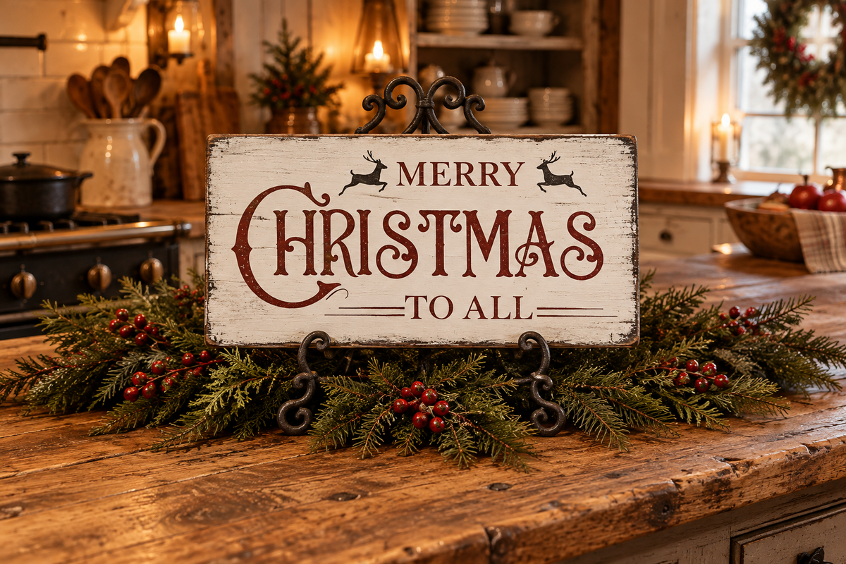 A rustic white wooden sign reading “MERRY CHRISTMAS TO ALL” with dark red lettering and small reindeer silhouettes, displayed on a wooden kitchen counter with green garland and red berries.