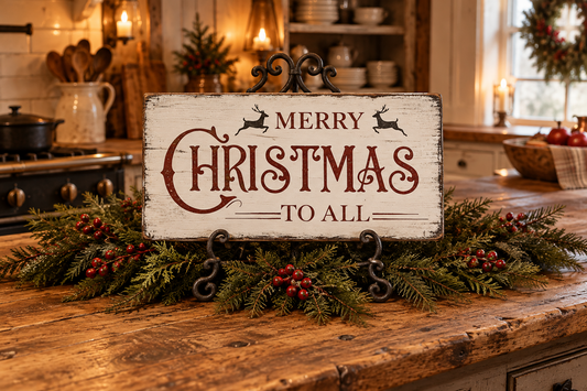 A rustic white wooden sign reading “MERRY CHRISTMAS TO ALL” with dark red lettering and small reindeer silhouettes, displayed on a wooden kitchen counter with green garland and red berries.