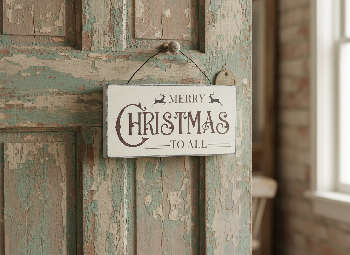 Vintage-style 'Merry Christmas to All' sign hanging on a rustic wooden door.
