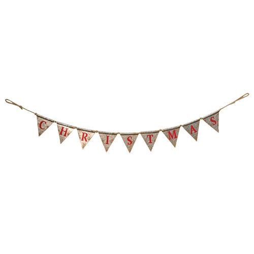 A metal Christmas garland with metal pennants spelling out 'Christmas', with rope hangers on each end.