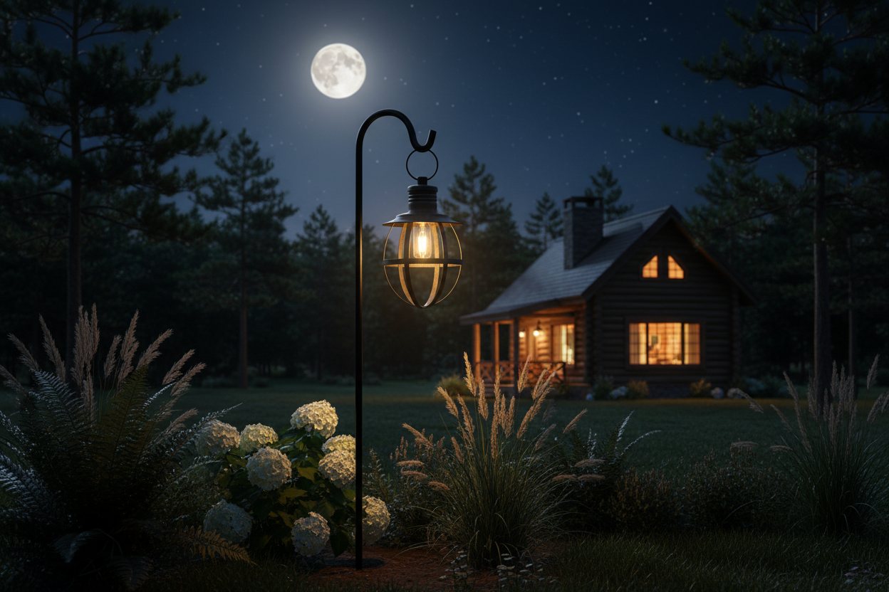 Cabin in the woods at night with a full moon and lantern.