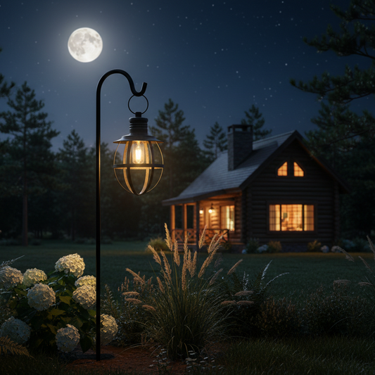 Cabin in the woods at night with a full moon and lantern.