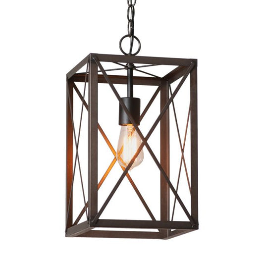 A square metal pendant light with a crossbar design, featuring a single bulb and a hanging cord.