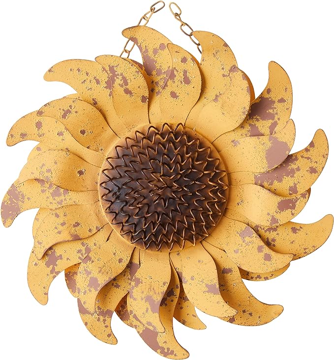A distressed golden yellow metal sunflower arrow replacement.