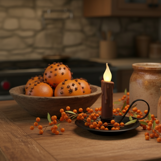 Decorative setup with oranges, candles, and jars on a wooden table in a kitchen.