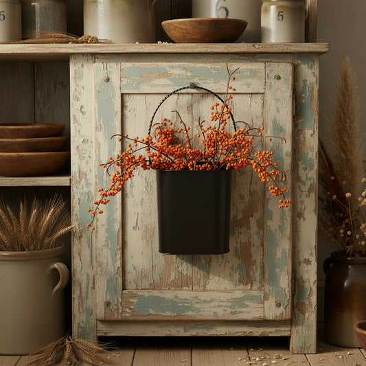 Black metal pocket with bittersweet on cupboard door