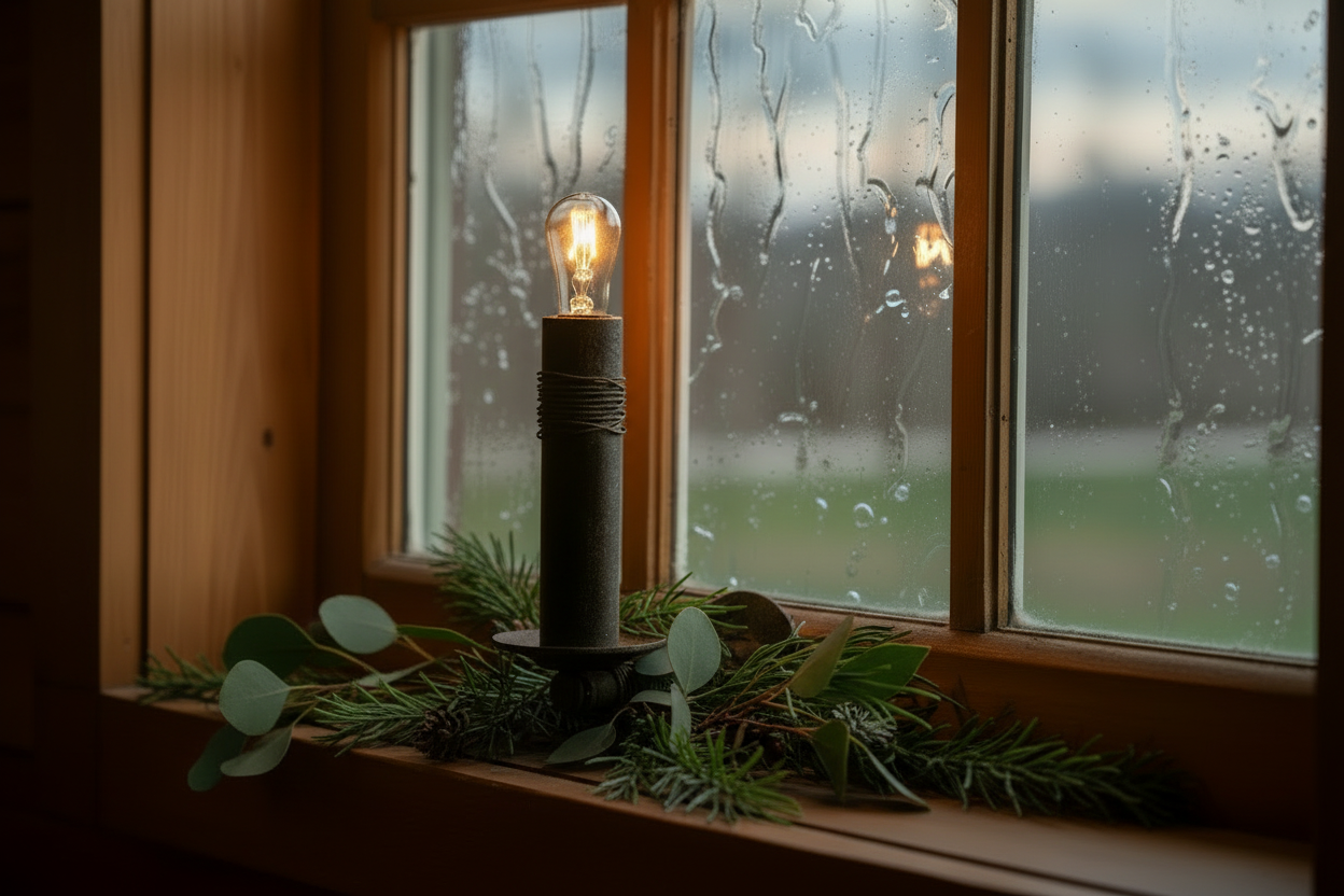 Light bulb on a wooden stand with greenery in front of a window with raindrops.