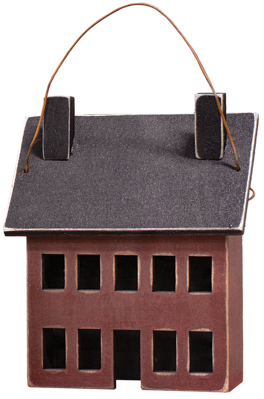 Burgundy saltbox house ornament on white background
