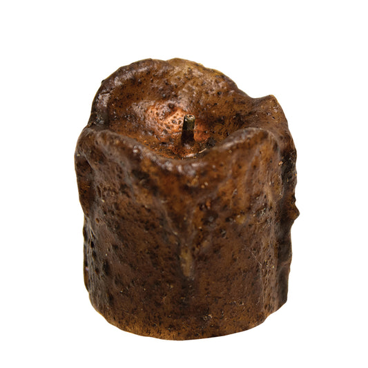 Mini burnt mustard drip timer votive on white background