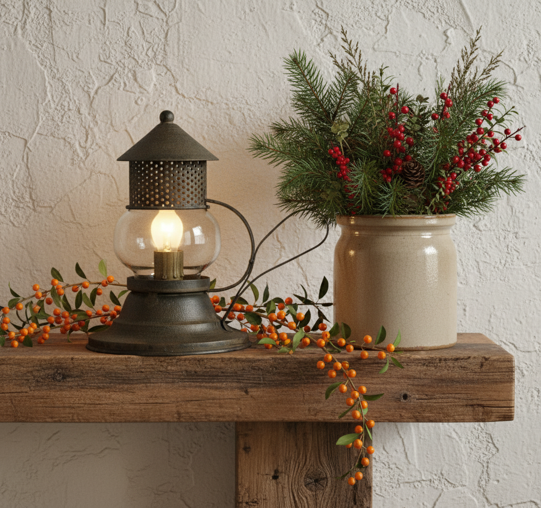 Decorative lantern with a plant and berries on a wooden surface against a textured wall.
