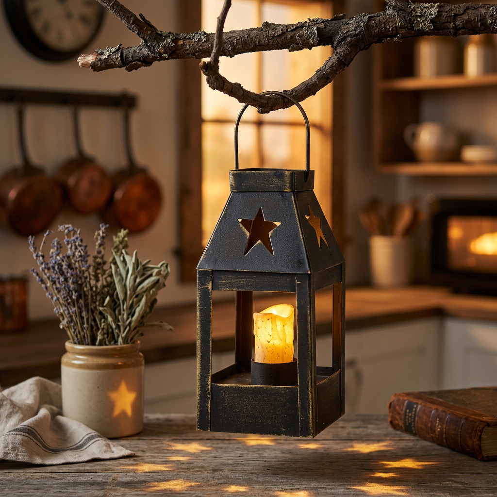Black Mini Star Lantern with star cutouts and a glowing LED candle, hanging from a branch above a rustic kitchen table.