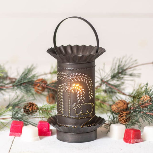 Decorative lantern with a handle, surrounded by Christmas decorations on a white background