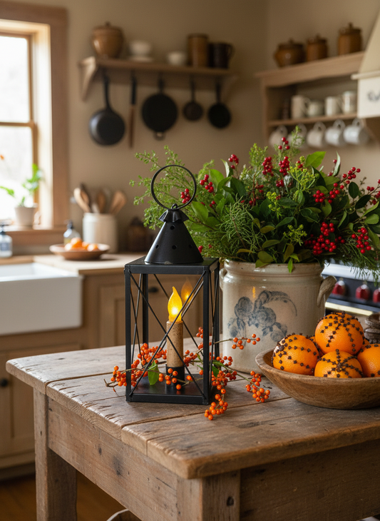 Decorative setup on a wooden table with lantern, flowers, and pumpkins in a kitchen.