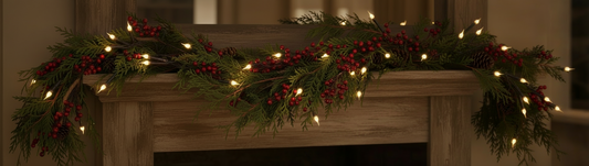 Decorative mantel with Christmas garland and lights in a dimly lit room.