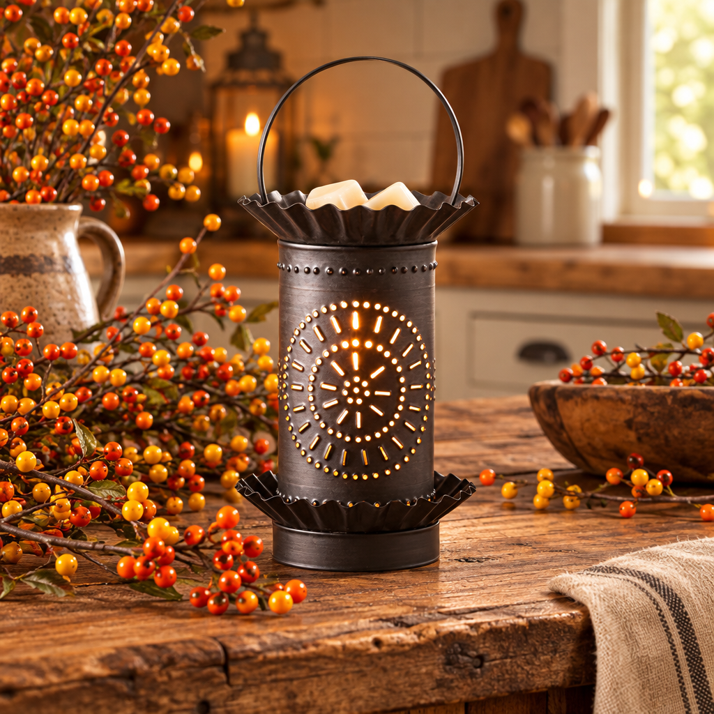 A black metal candle warmer lantern with a clock face cutout and a top handle, styled on a rustic wooden table with holiday berry branches in a warm kitchen setting.