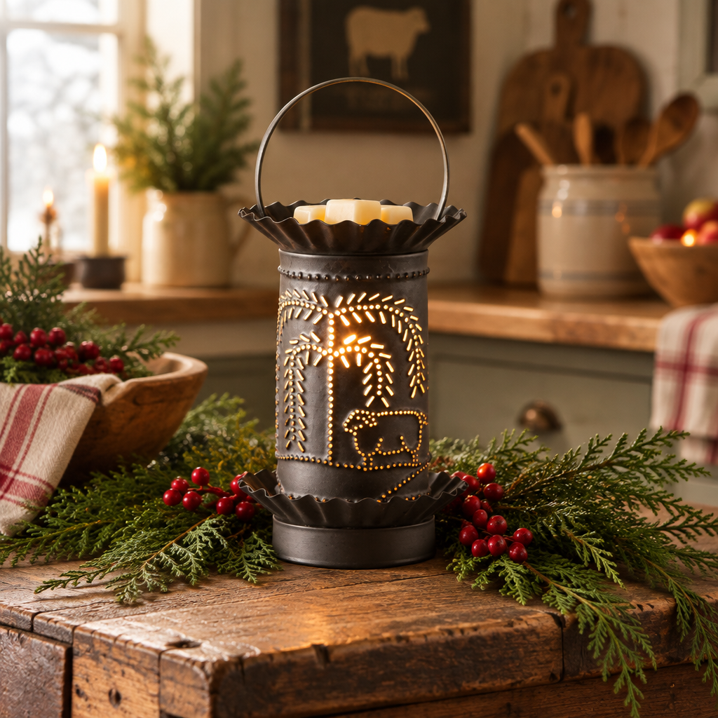 A black metal holiday lantern with a handle, featuring laser-cut designs of a palm tree and a sheep, lit with warm yellow light. The lantern is styled on a rustic wooden table with green pine branches and red berries, with a cozy, softly blurred kitchen background.
