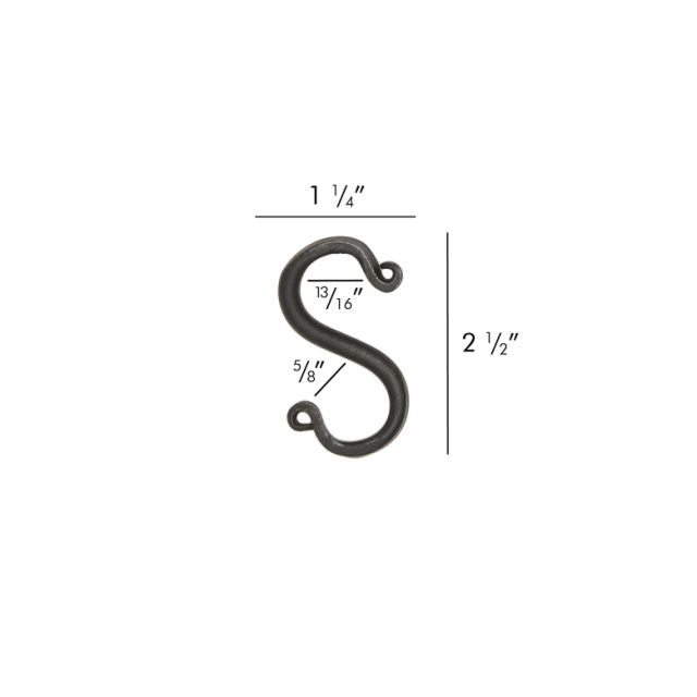 Wrought iron hook in the shape of an S with its' measurements.