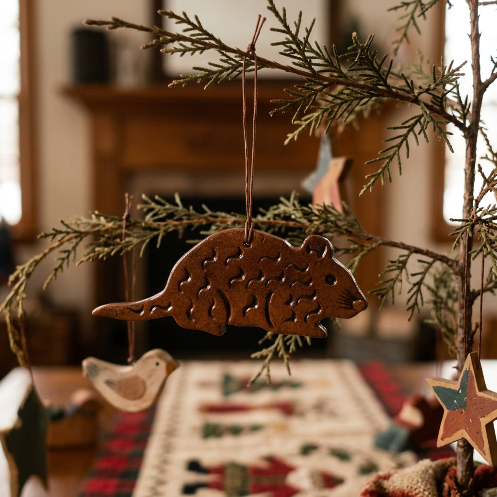 Mouse-shaped redware ornament with a glossy brown glaze, etched fur details, a long tail, rounded ear, and hanging cord.