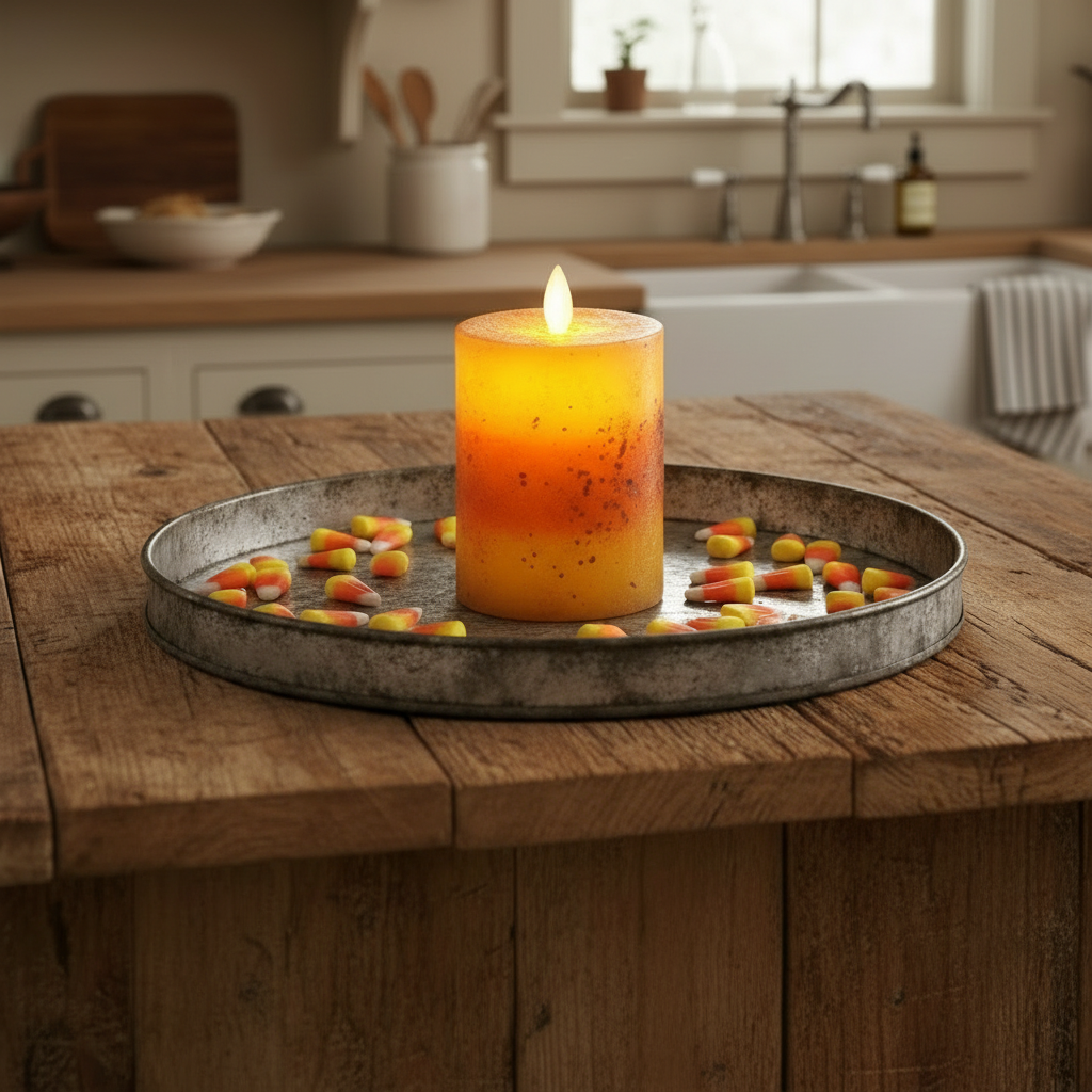 Candle on a metal tray with a kitchen in the background