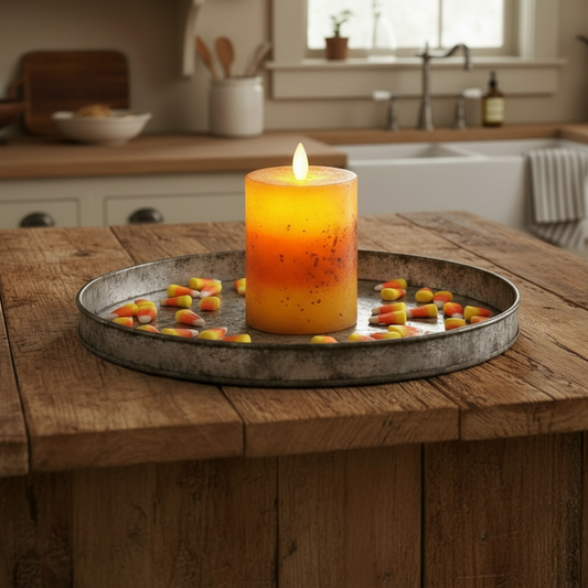 Candle on a metal tray with a kitchen in the background