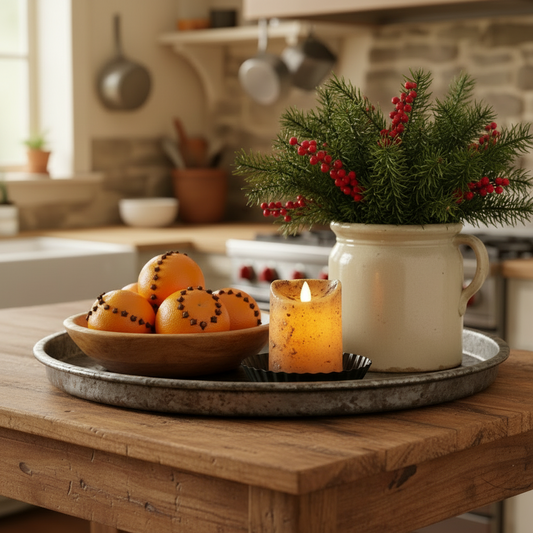Decorative setup with a candle, oranges, and a plant on a kitchen counter.