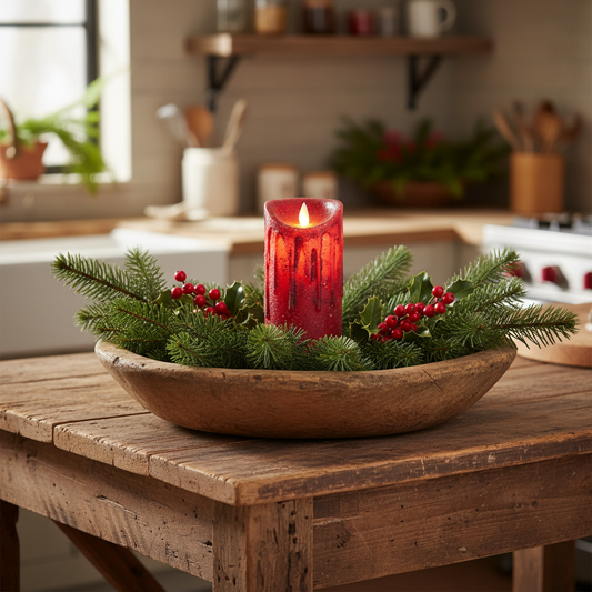 Decorative bowl with a red candle and greenery on a wooden table in a kitchen setting