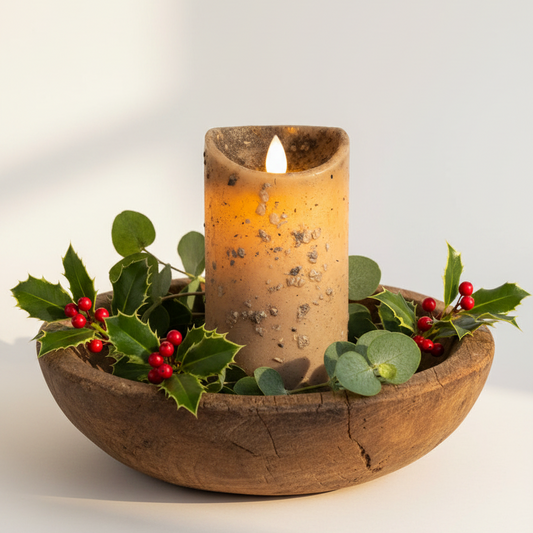 Wooden bowl with a candle and holly leaves on a white background