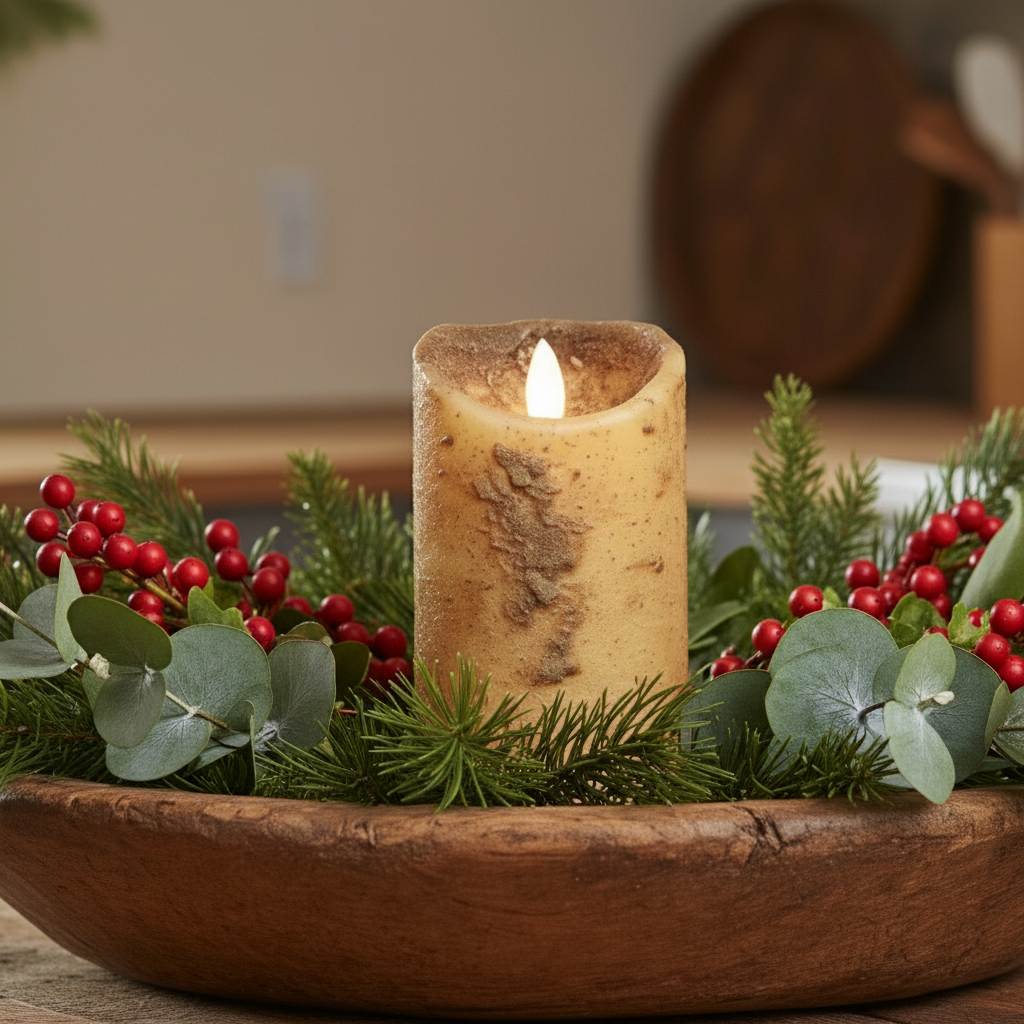 Decorative candle in a wooden bowl with greenery and berries on a neutral background