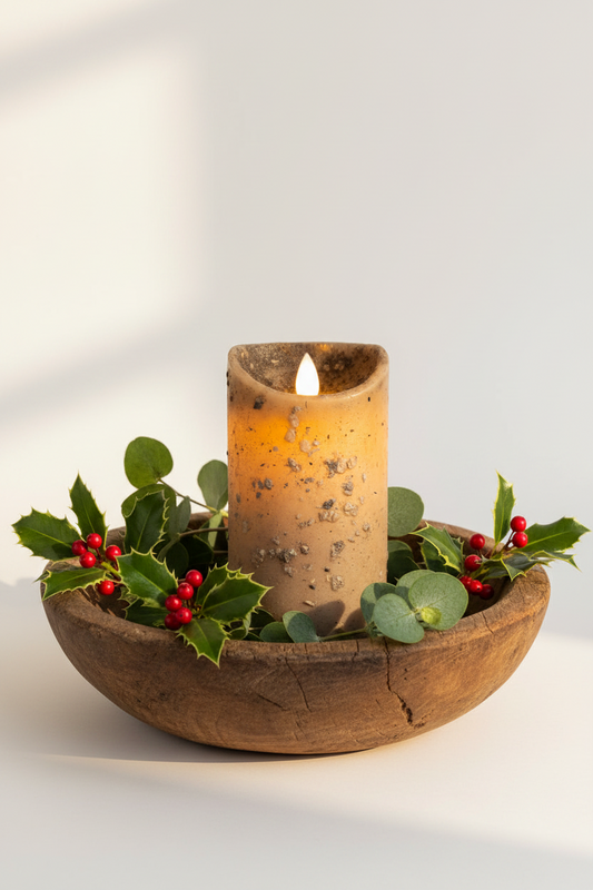Wooden bowl with a candle and holly leaves on a white background