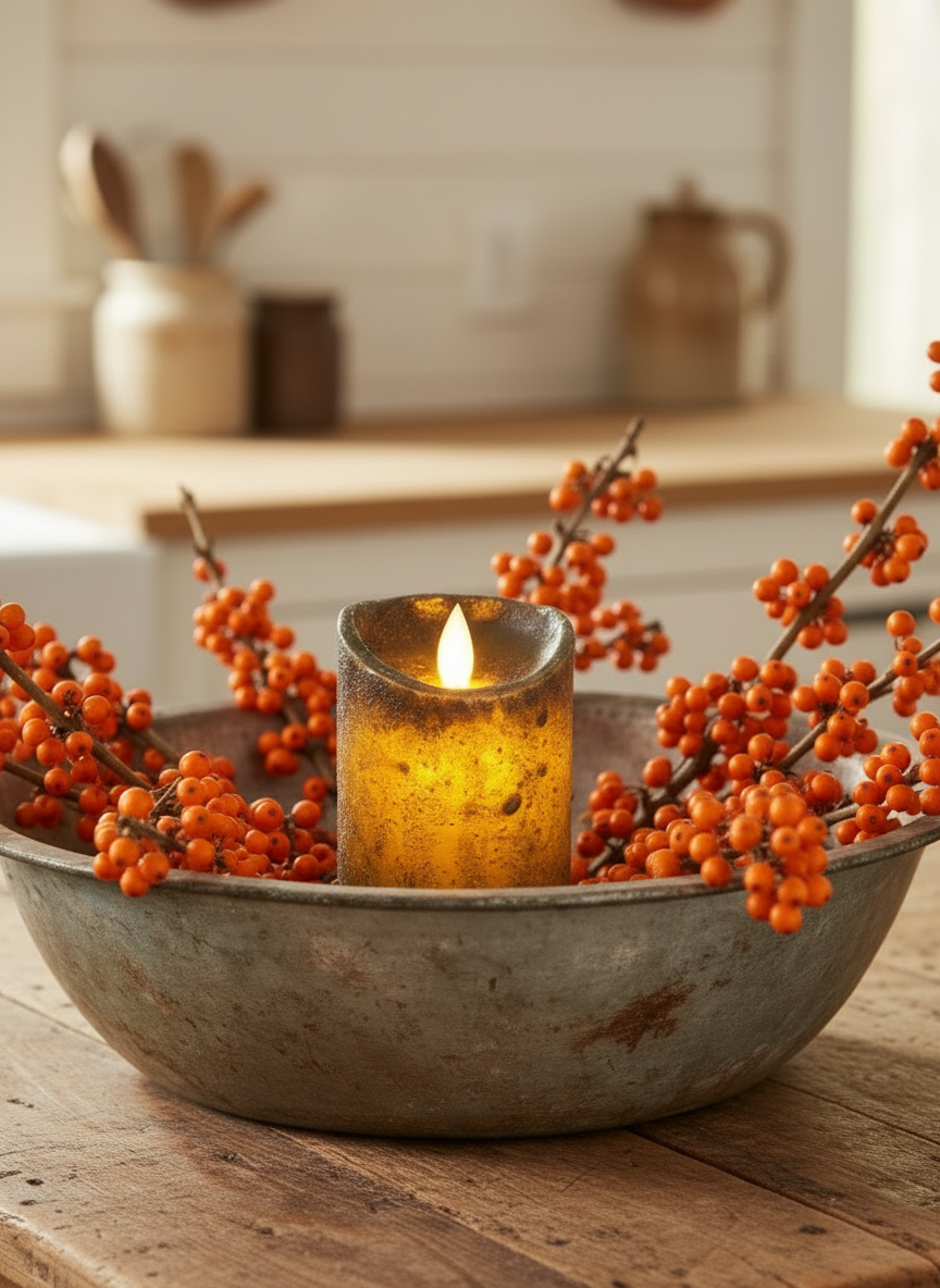 Candle in a metal bowl with orange berries on a wooden surface