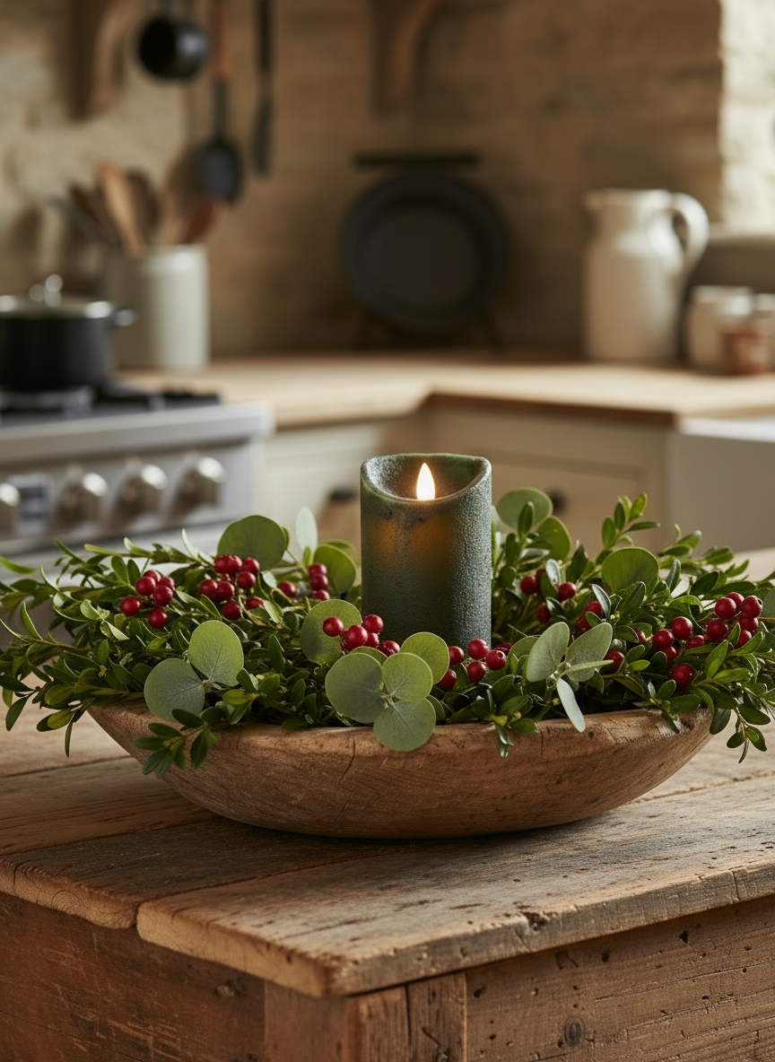 Decorative bowl with greenery and a candle on a wooden surface in a kitchen.