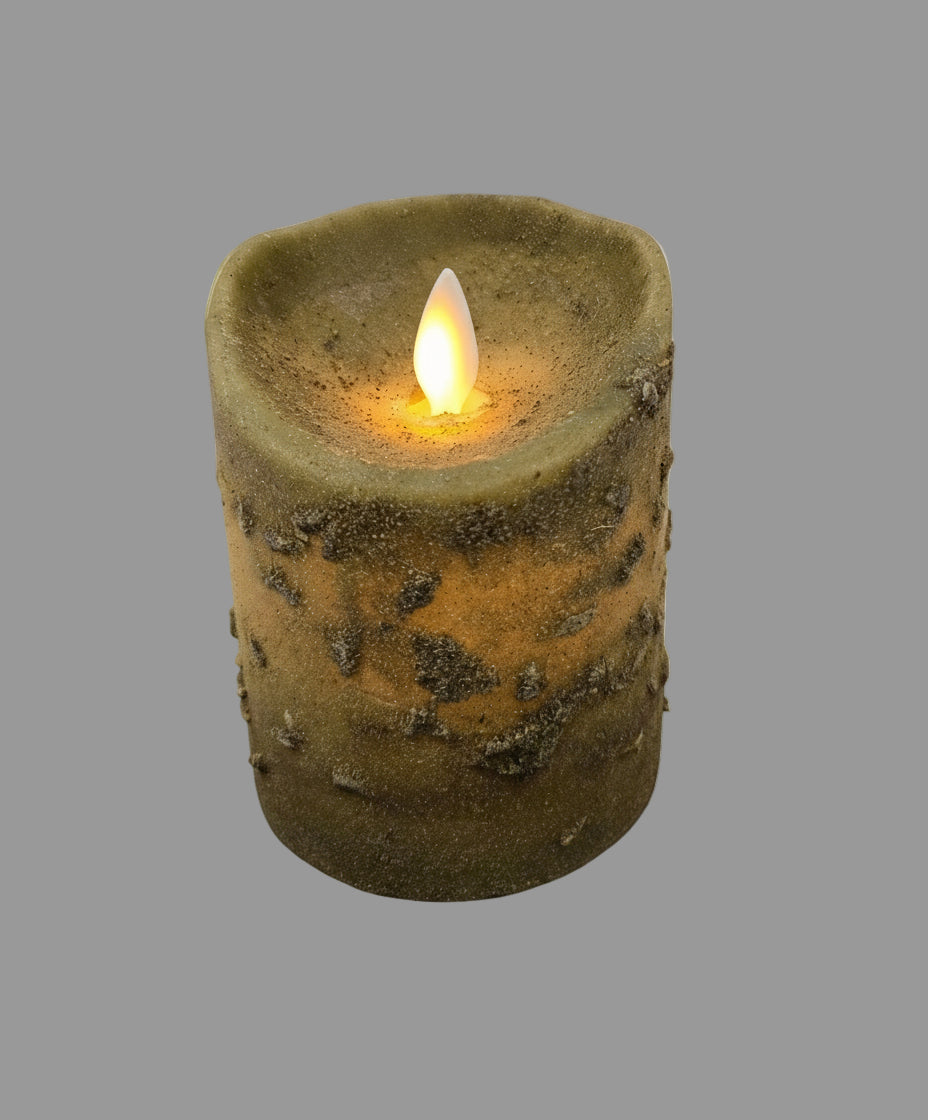 A green pillar candle with a moving flame effect, placed on a black dish. The candle is illuminated from the top, simulating a real flame.