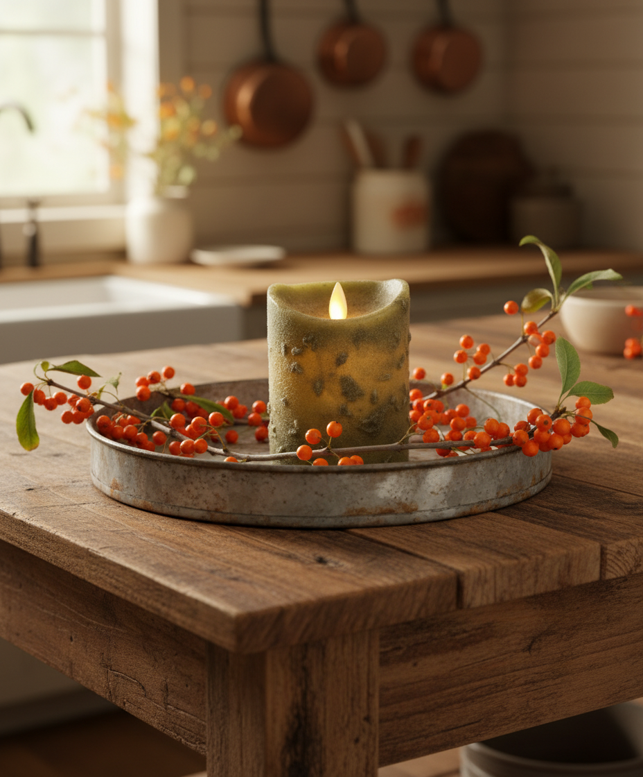 Decorative candle with berries on a wooden table in a kitchen setting