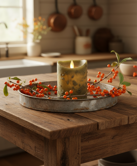 Decorative candle with berries on a wooden table in a kitchen setting