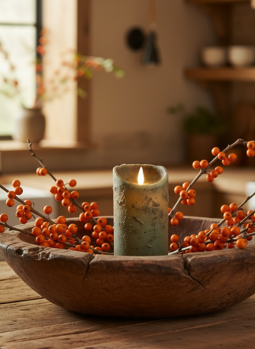 Candle in a wooden bowl with orange berries on a wooden surface