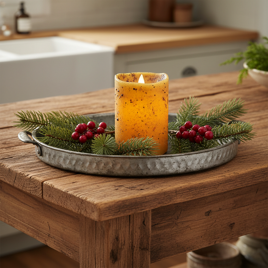 Decorative candle with greenery on a wooden table