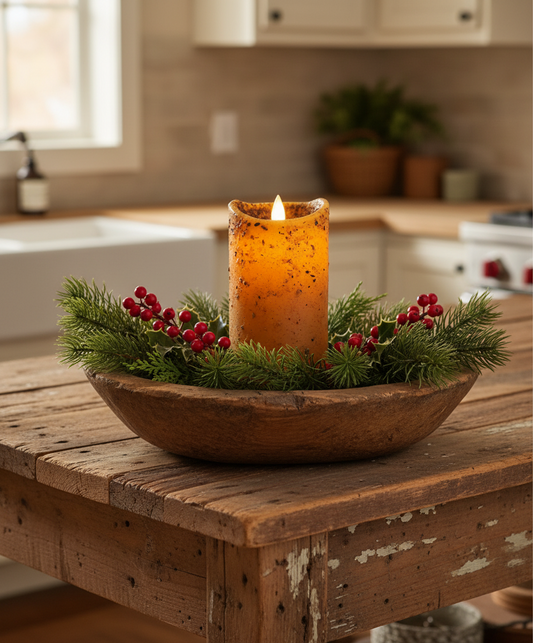 Decorative candle in a wooden bowl with greenery on a rustic wooden table in a kitchen.