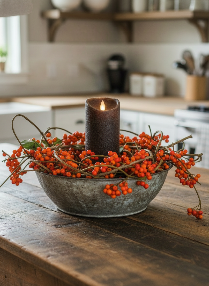 Decorative bowl with berries and a candle on a wooden surface in a kitchen.