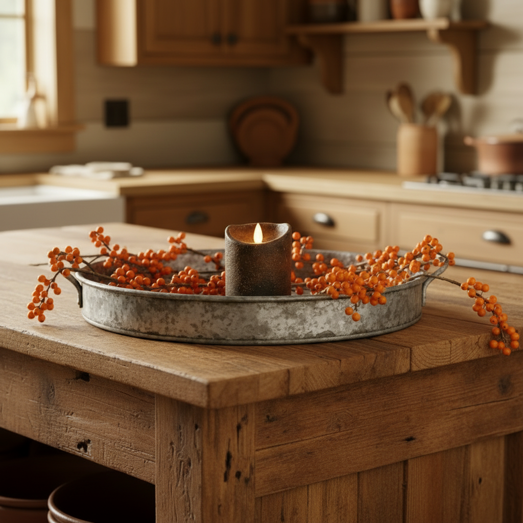 Decorative tray with berries and a candle on a wooden kitchen island.