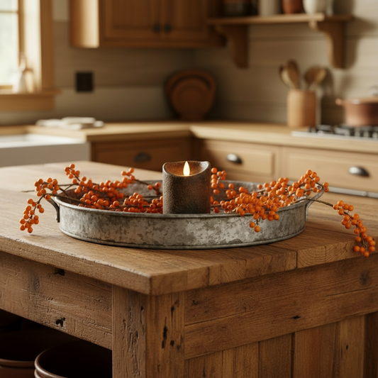 Decorative tray with berries and a candle on a wooden kitchen island.