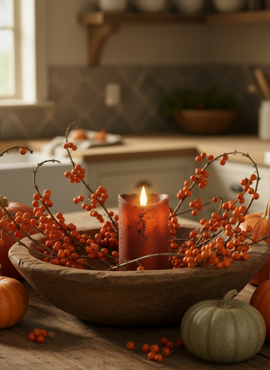 Candle in a wooden bowl with berries and pumpkins on a table