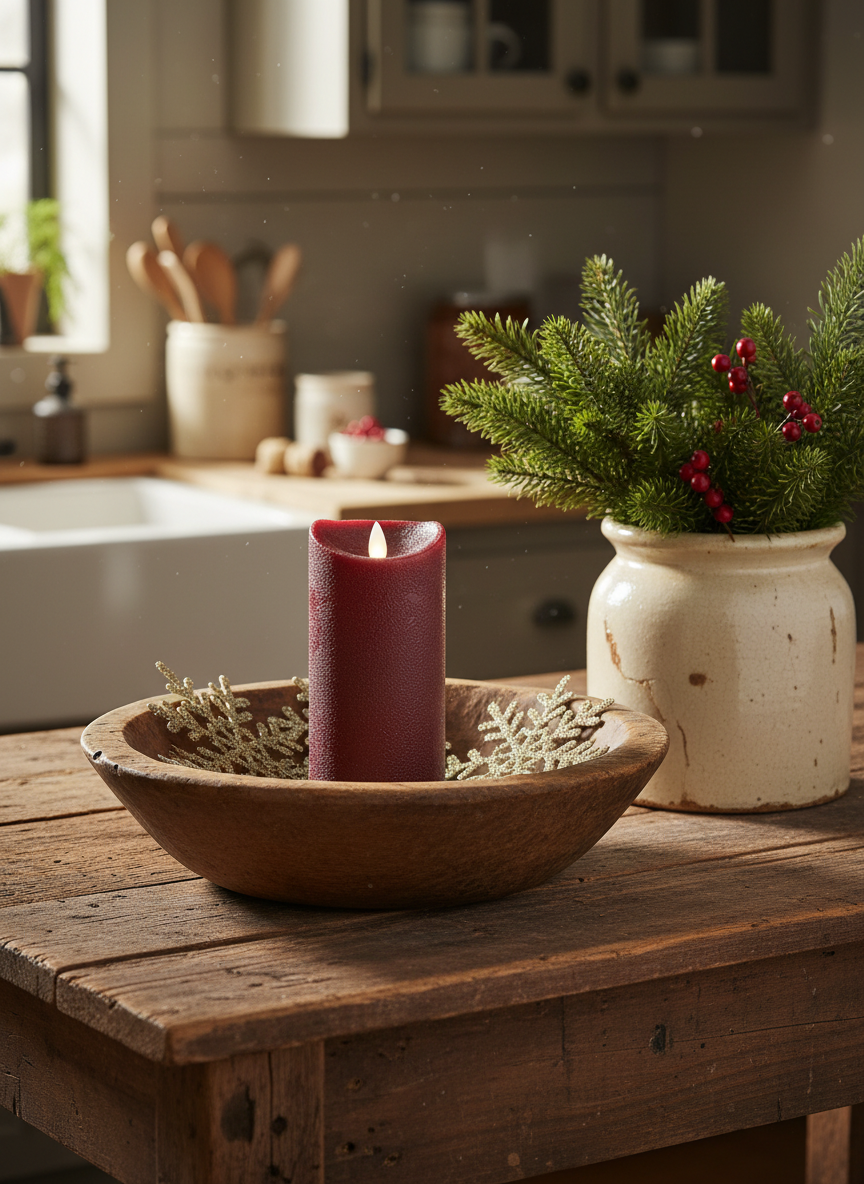 Decorative setup with a red candle in a wooden bowl and a potted plant on a rustic wooden table.