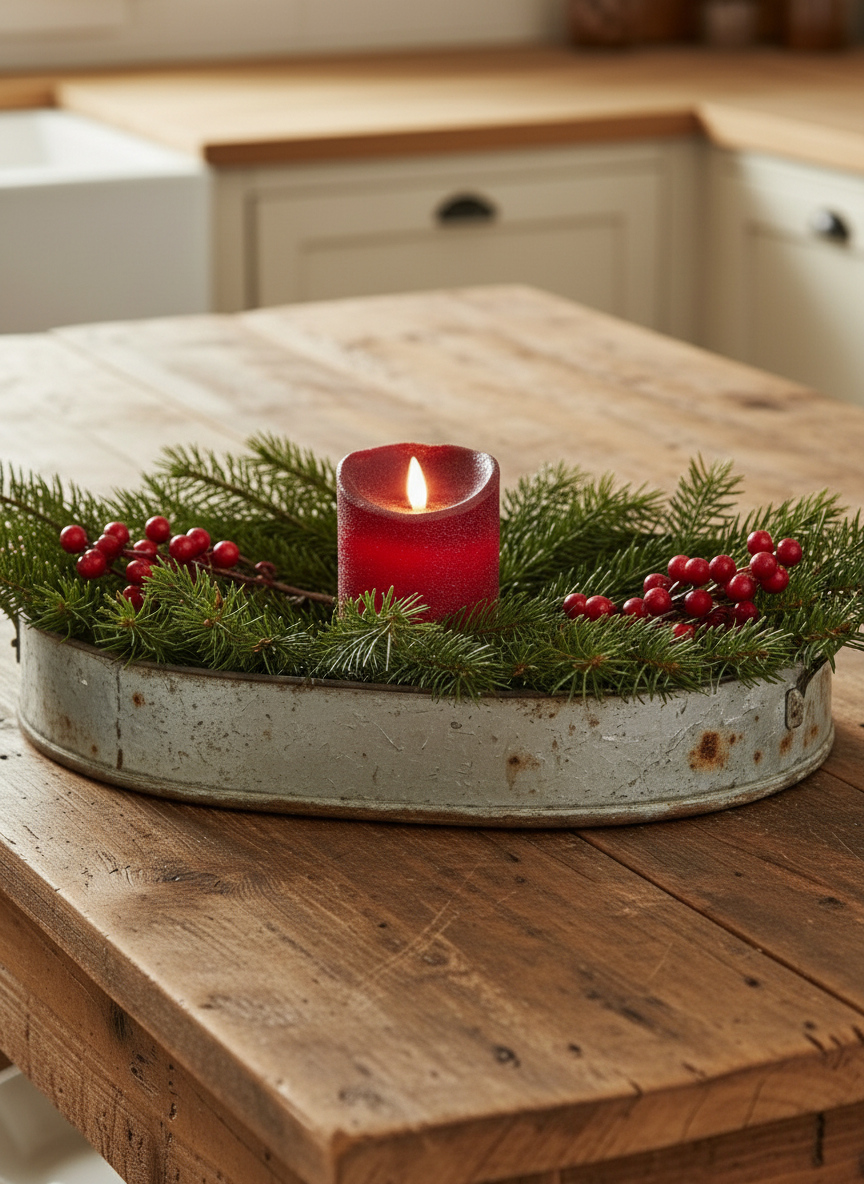 Red candle in a decorative tray with greenery and berries on a wooden surface