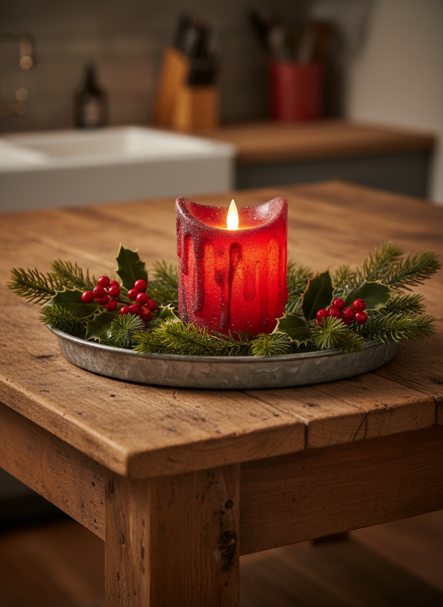 Red candle in a decorative holder with greenery on a wooden table