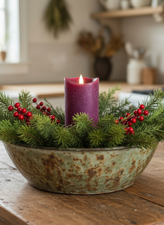 Decorative arrangement with a purple candle in a rustic metal bowl on a wooden surface.